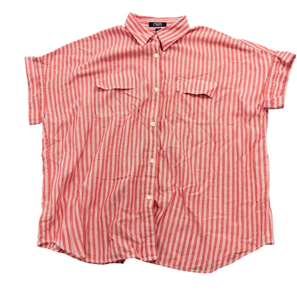 Chaps Denim Womens Large Red White Striped Short Sleeve Button Down Shirt Pocket - Picture 2 of 7